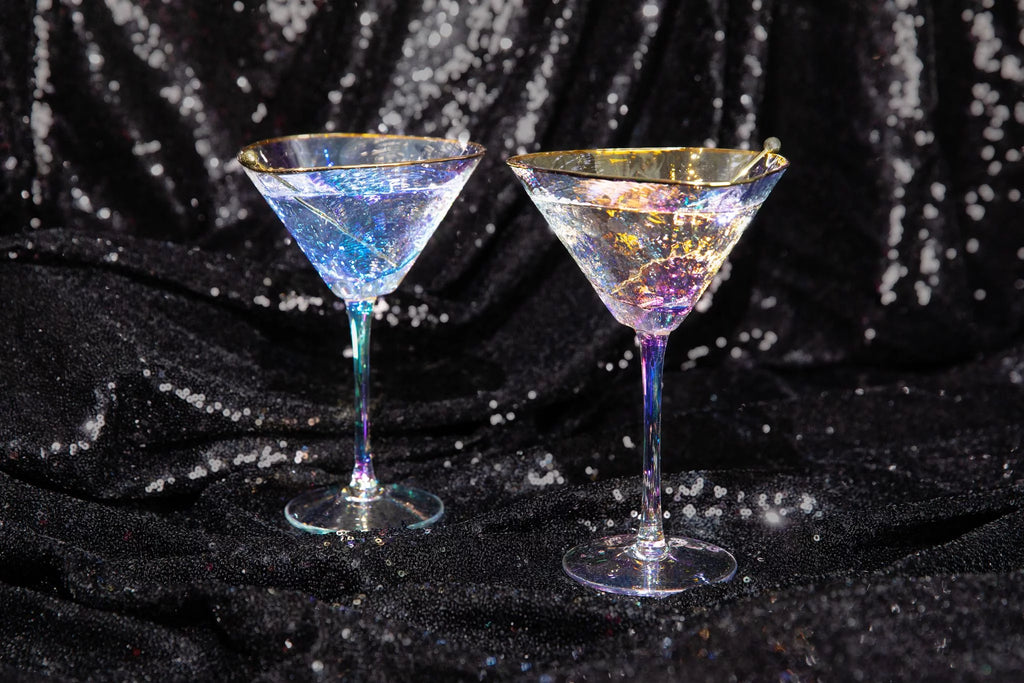 Iridescent Handmade Hammered Martini Glasses with Gold Rim Set of 2 I7940