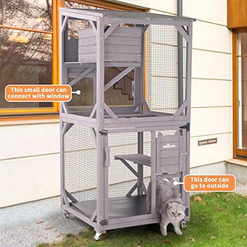 Large Wooden Catio with Run on Wheels (grey) K748