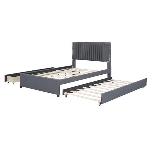 Beige Linen Upholstered Platform Bed Frame with Twin XL Trundle and 2 Drawers T7522