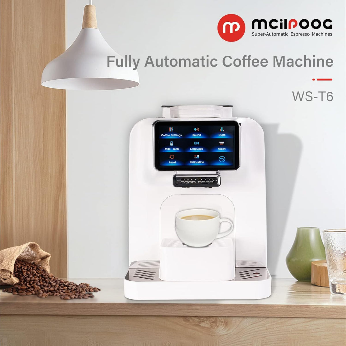 Super Automatic Espresso Coffee Machine with Milk Jug, Built-in Small Refrigerator, Controlled by WIFI Connection (White) V1276