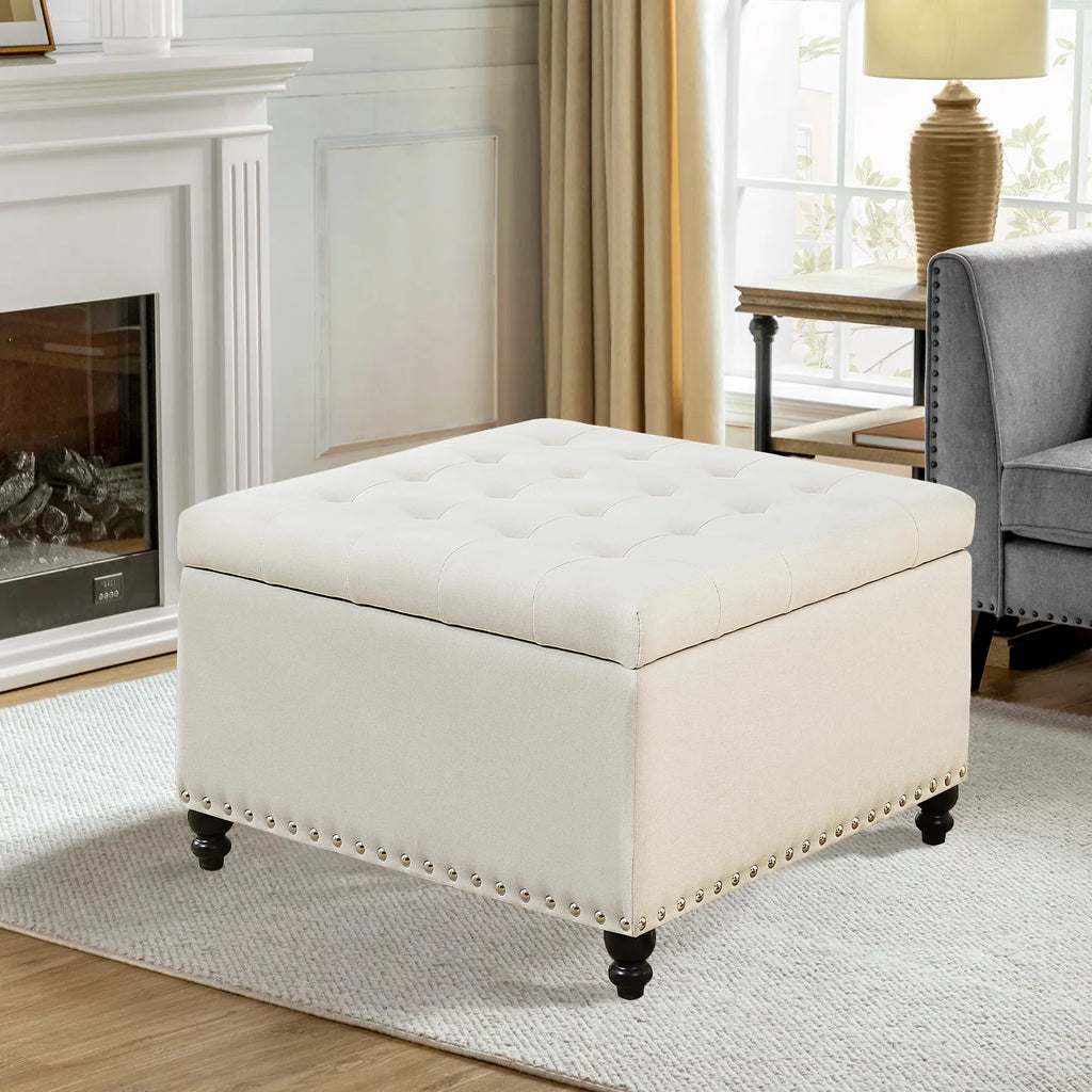 Beige 30-inch Button-Tufted Storage Ottoman Bench F986001