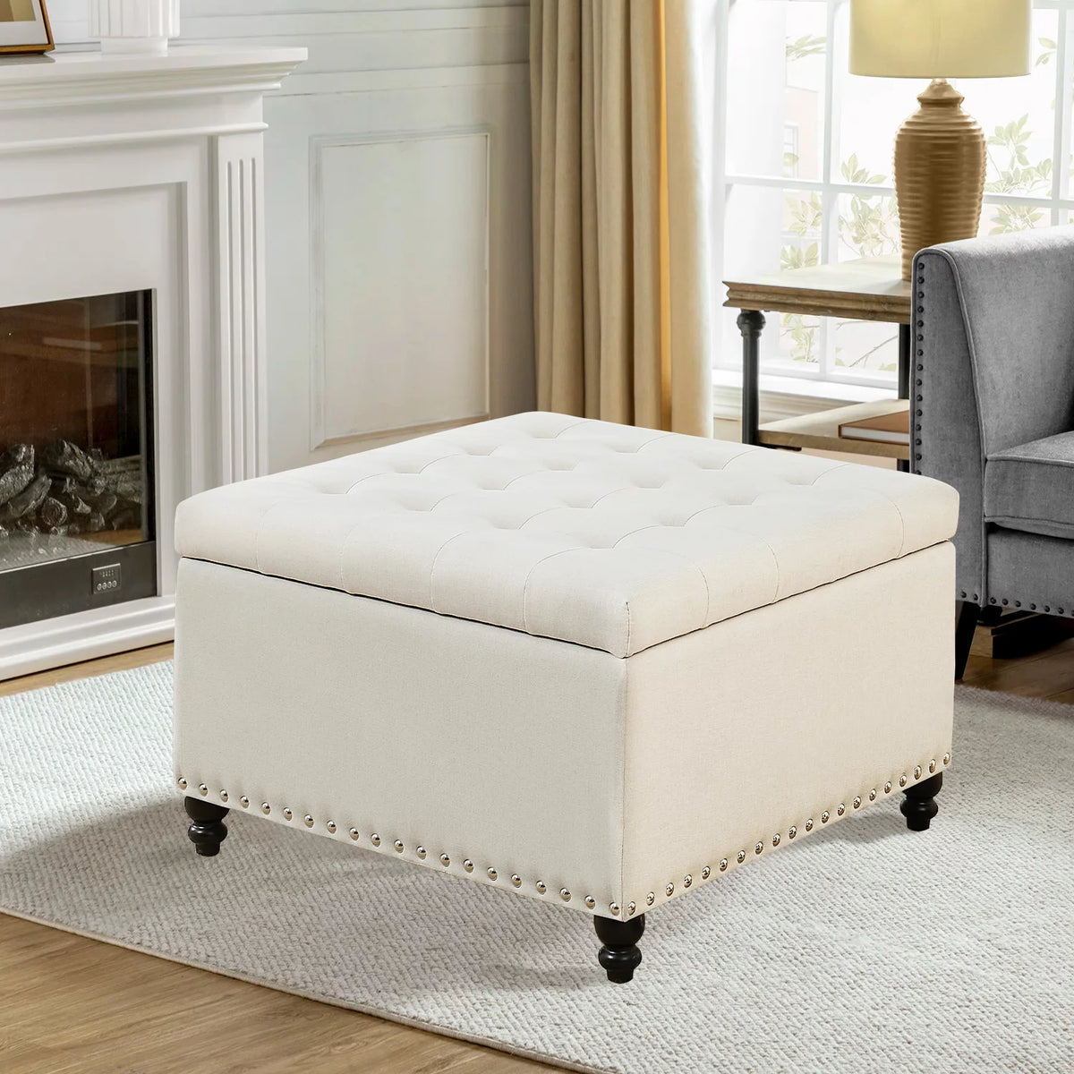 Beige 30-inch Button-Tufted Storage Ottoman Bench F986001