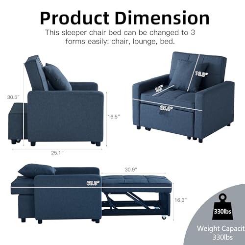 Blue Convertible Sofa Bed Chair with Side Pocket E7504