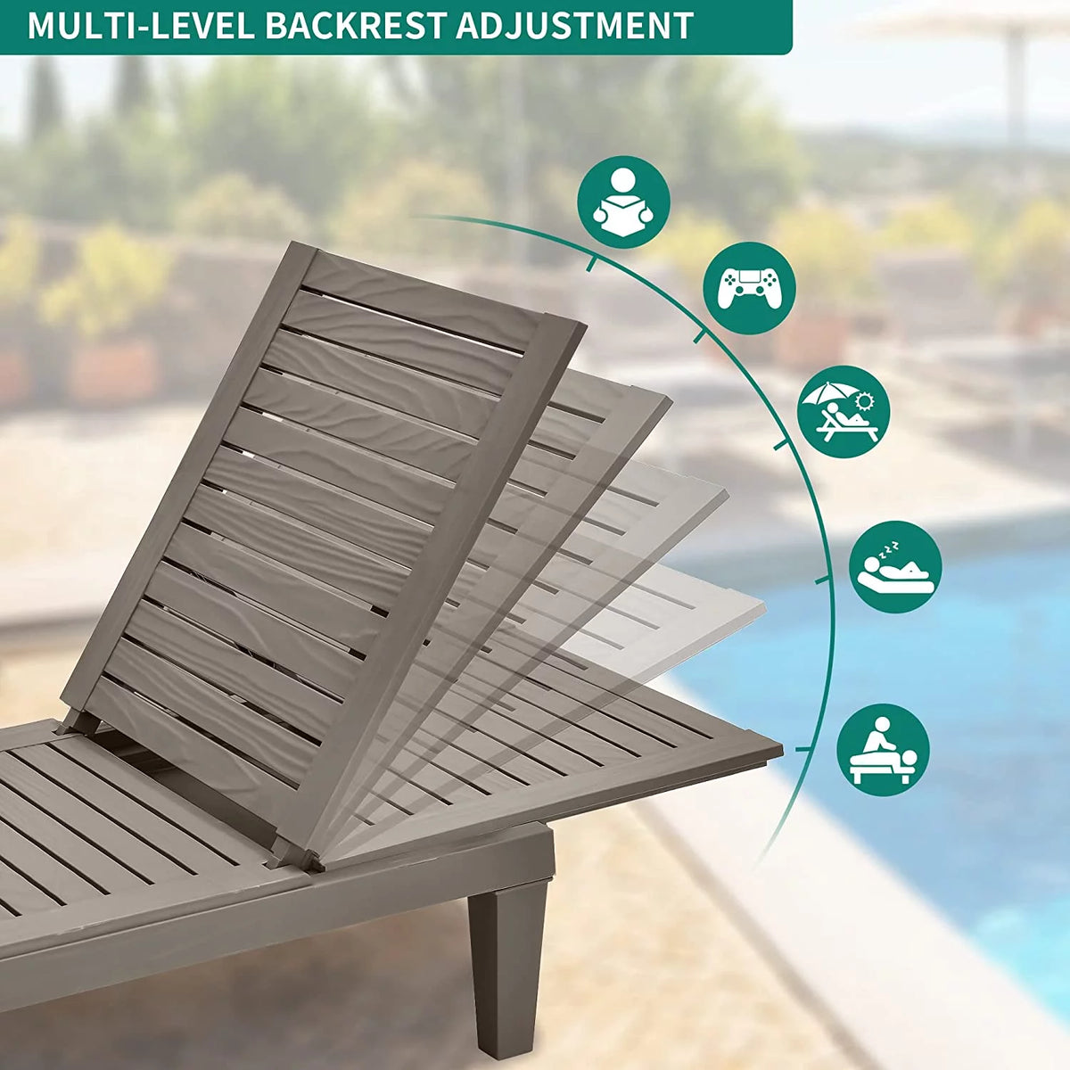 2 Pcs Adjustable Taupe Outdoor Lounge Chairs U374