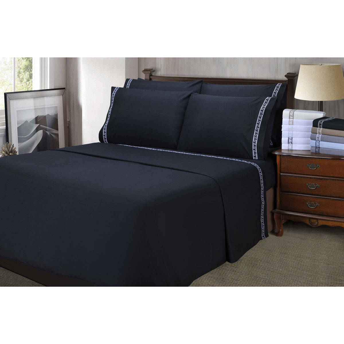Black California King Embroidery Sheet Set J70377