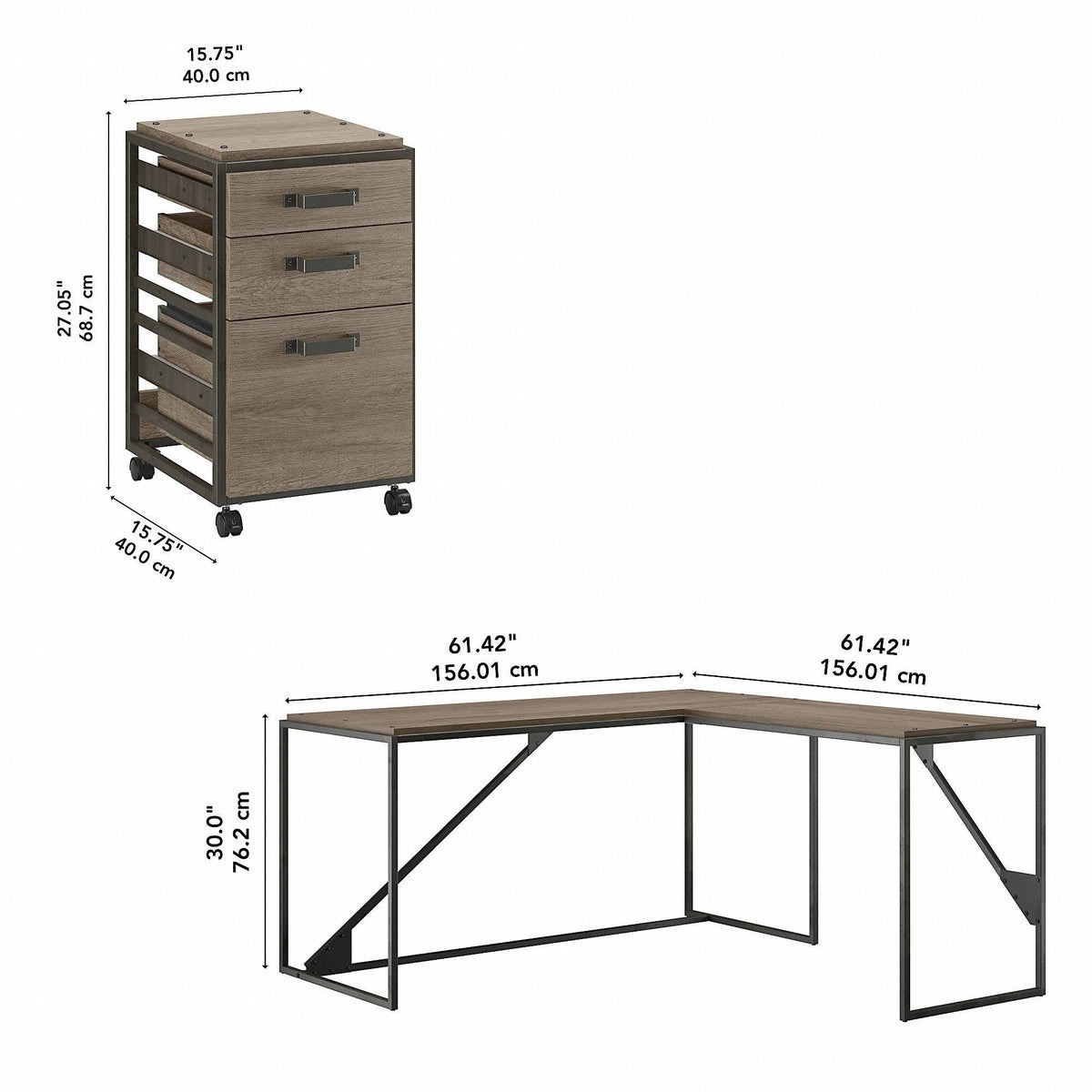 Industrial L Shaped Desk with 3 Drawer Mobile File Cabinet, 62W, Cottage White C201862