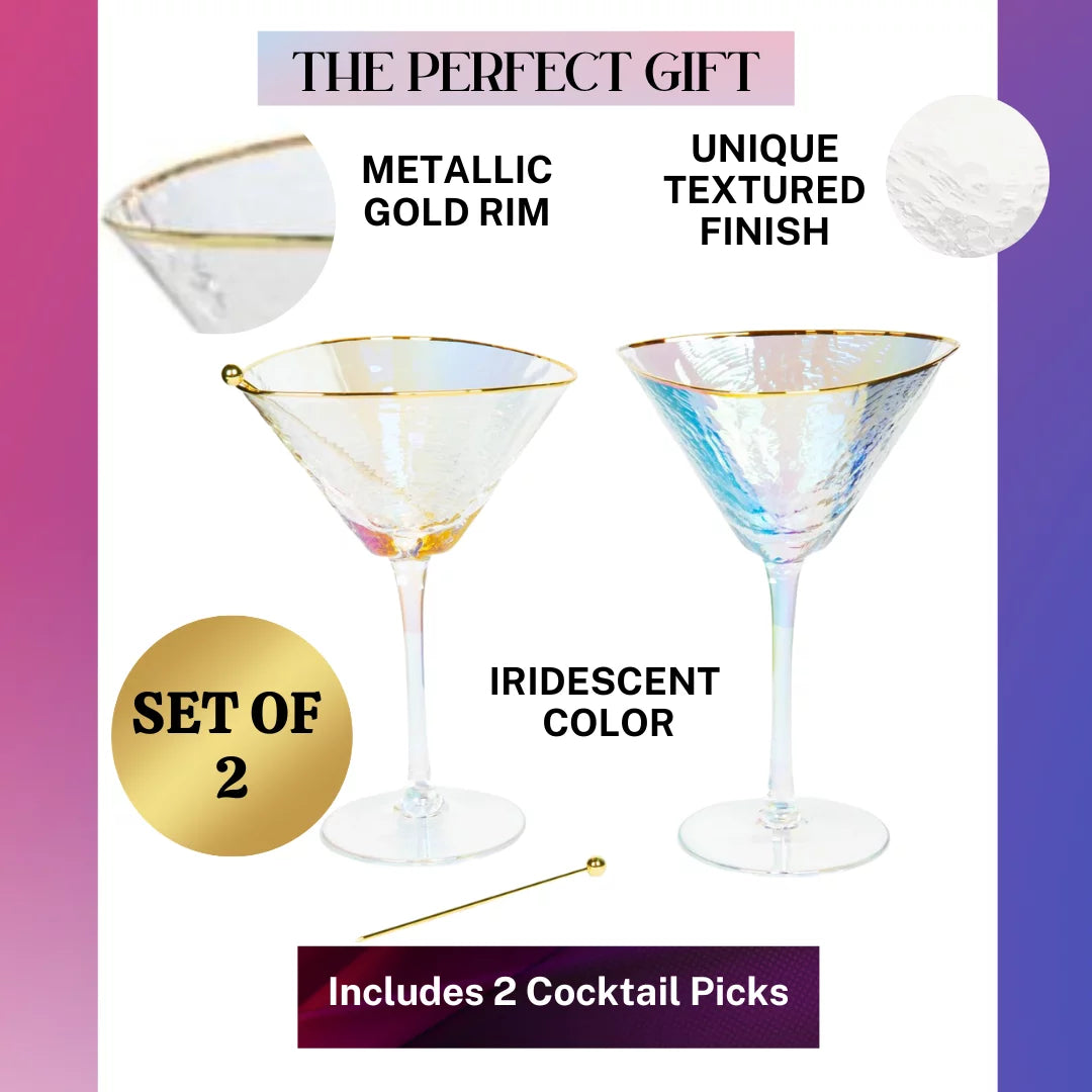 Iridescent Handmade Hammered Martini Glasses with Gold Rim Set of 2 I7940