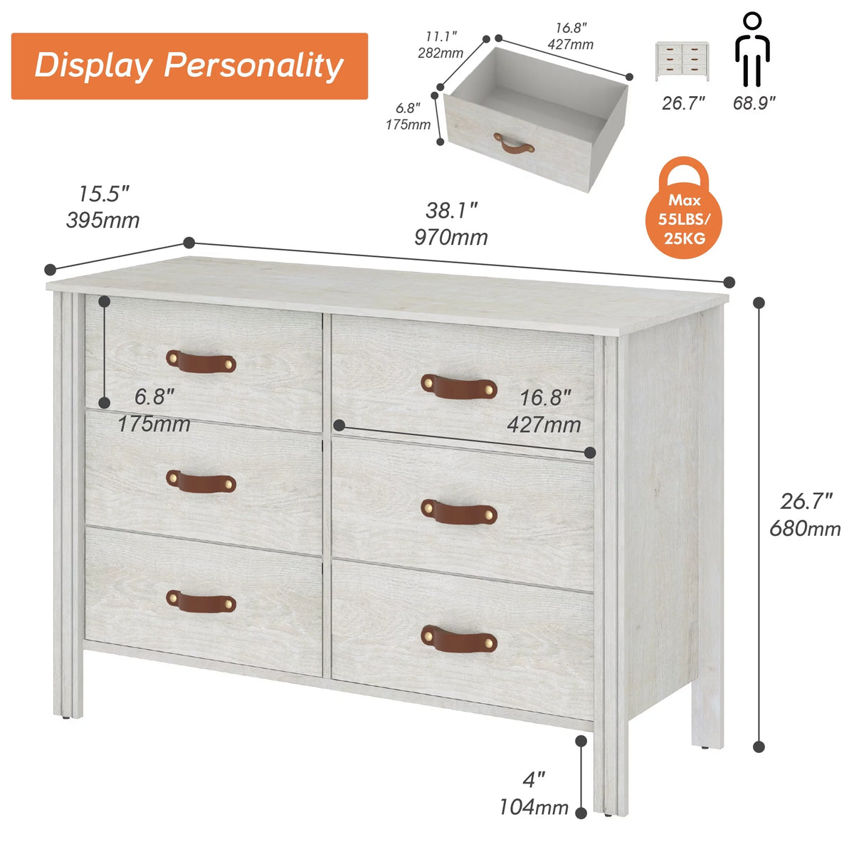 White 6 Drawer Wood Dresser F26137