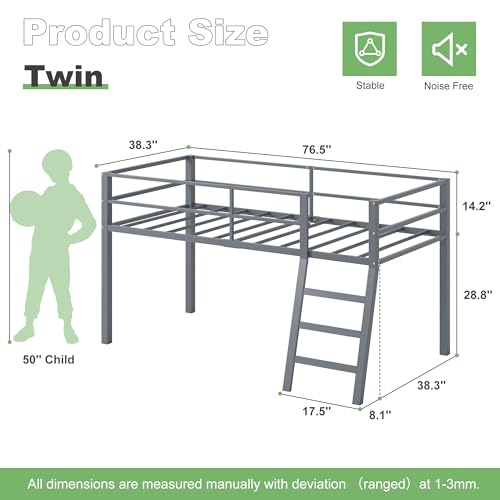 Grey Twin Loft Bed with Ladder and Guardrail D7886