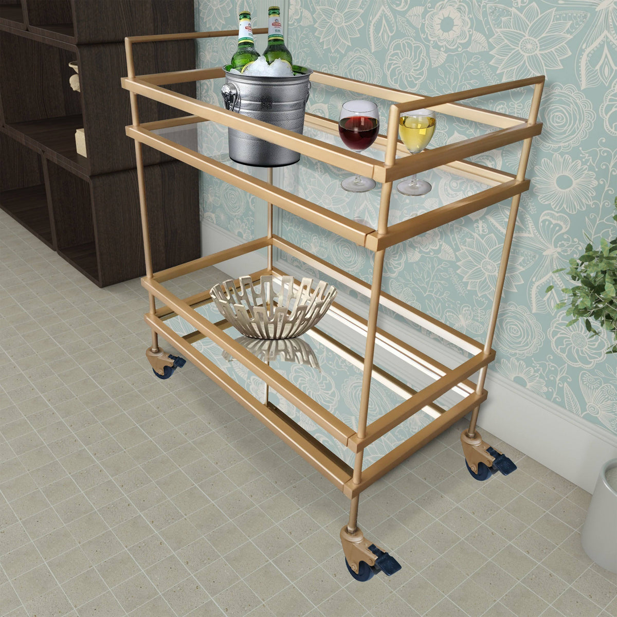 Gold Bar Cart with Two Glass Shelves O6615
