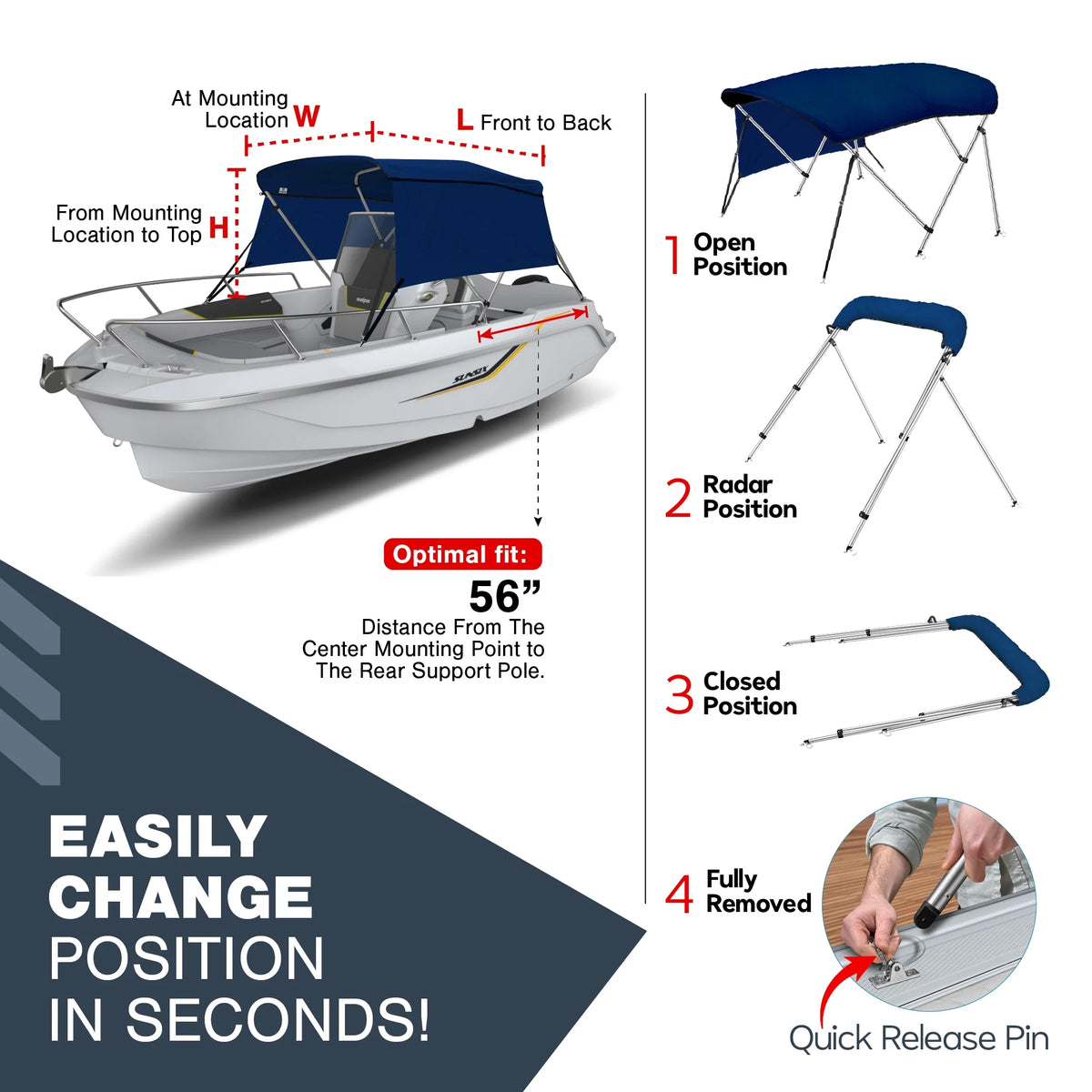 Navy Blue 3-Bow Bimini Top for Boats with Storage Boot Y2291