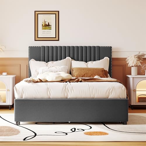 Beige Linen Upholstered Platform Bed Frame with Twin XL Trundle and 2 Drawers T7522