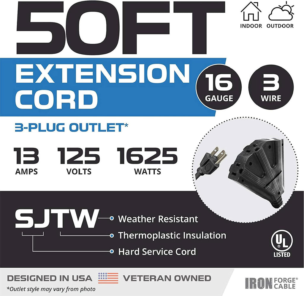 2 Pack 50 Ft Black Extension Cords with 3 Outlets U900033