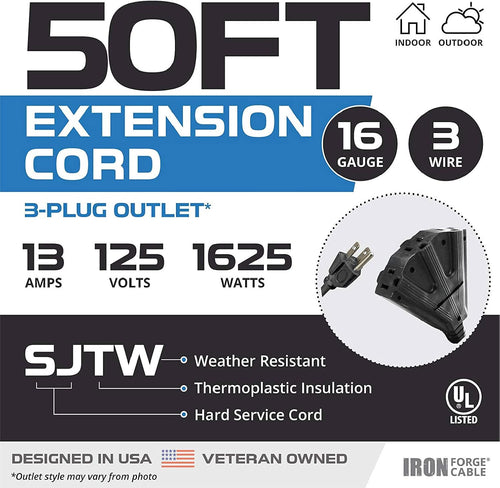 2 Pack 50 Ft Black Extension Cords with 3 Outlets U900033