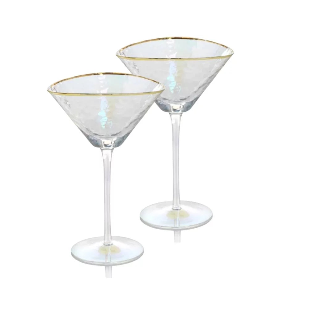 Iridescent Handmade Hammered Martini Glasses with Gold Rim Set of 2 I7940
