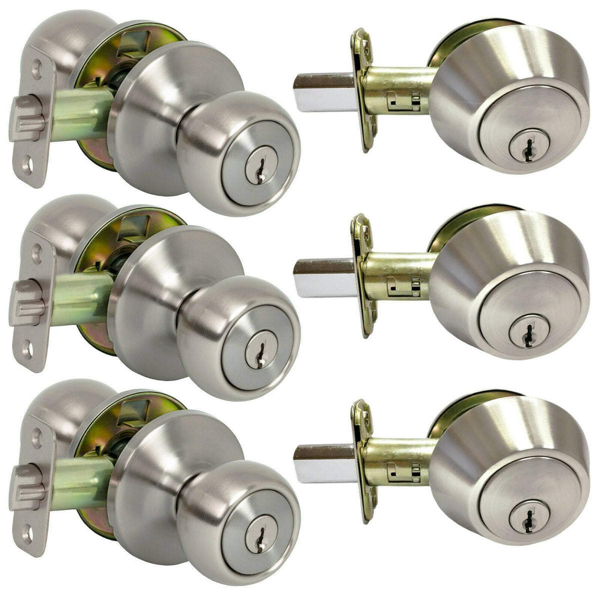3 Pack Satin Nickel Round Ball Entry Door Knob and Deadbolt Combo Y971087