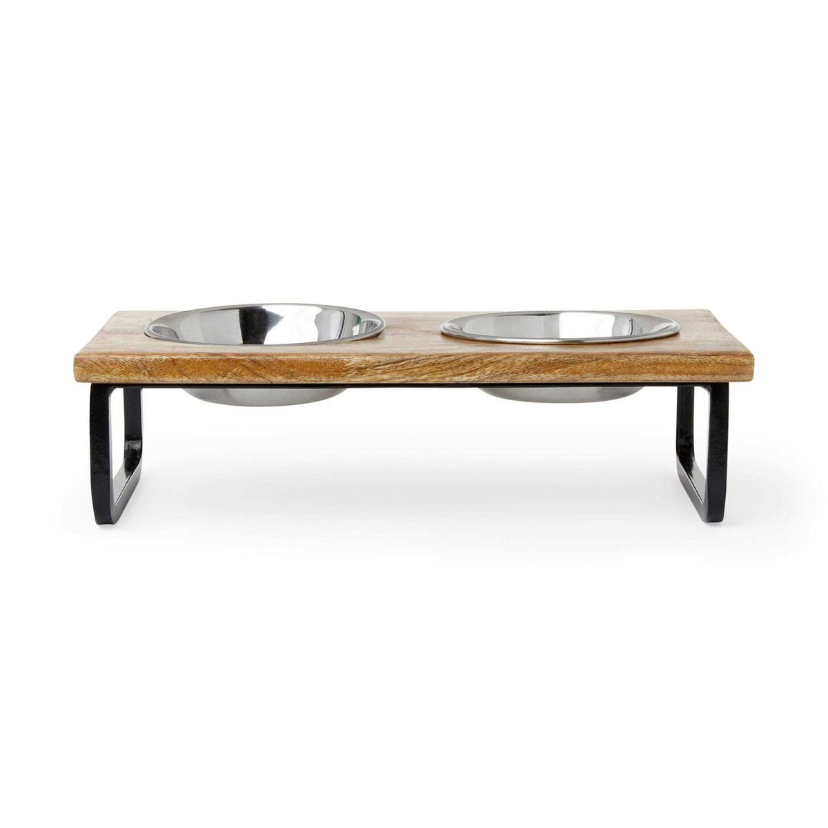 Elevated Wood Double Diner with Stainless-Steel Bowls I4674