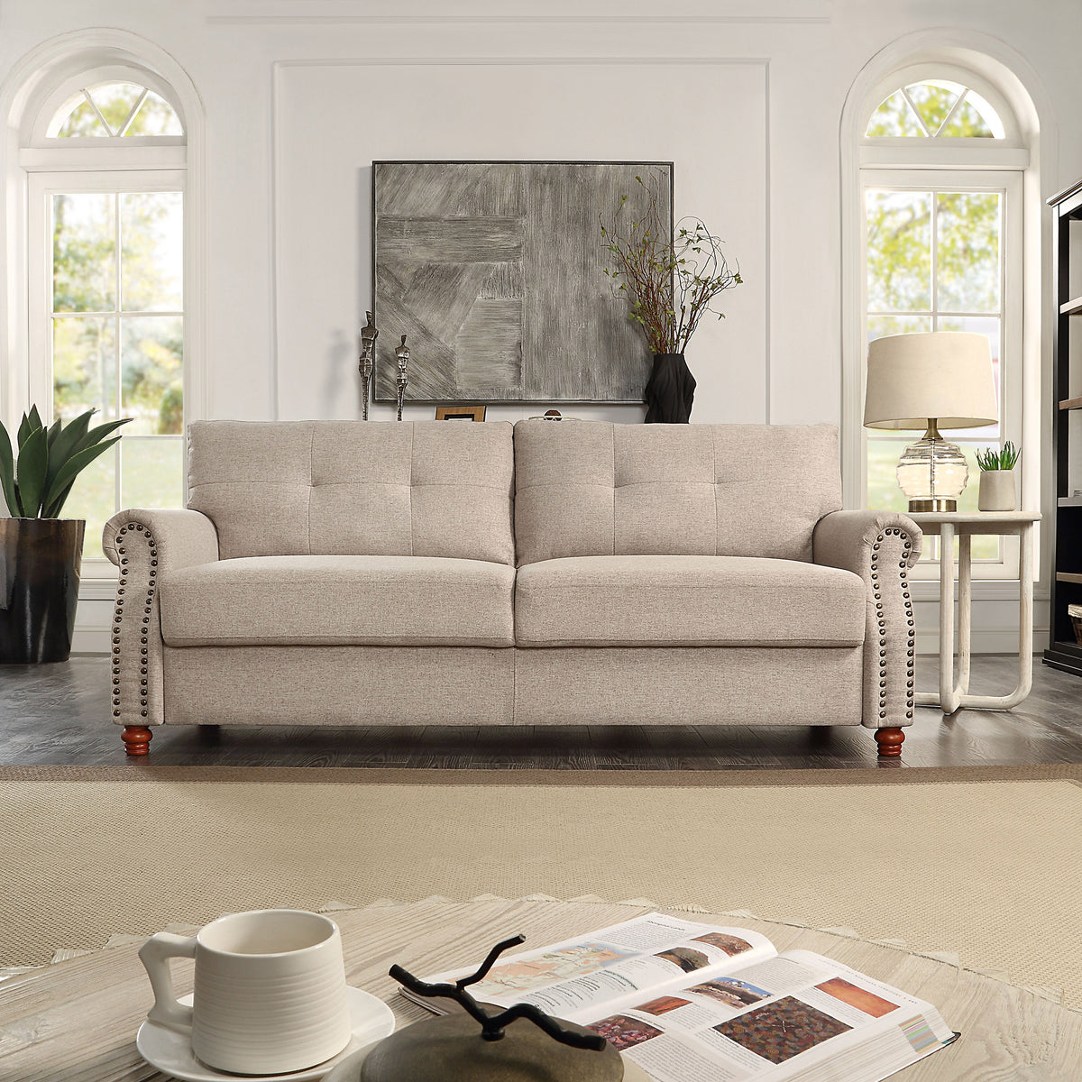 Beige Linen Fabric Upholstery Storage Sofa with Tufted Cushions P161
