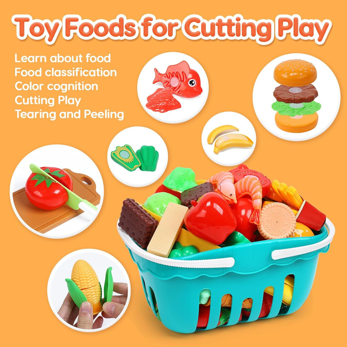 Play Sink with Running Water Electric Faucet Kitchen Sink Toys Pots and Pans Set with Play Food and Storage Basket N89223
