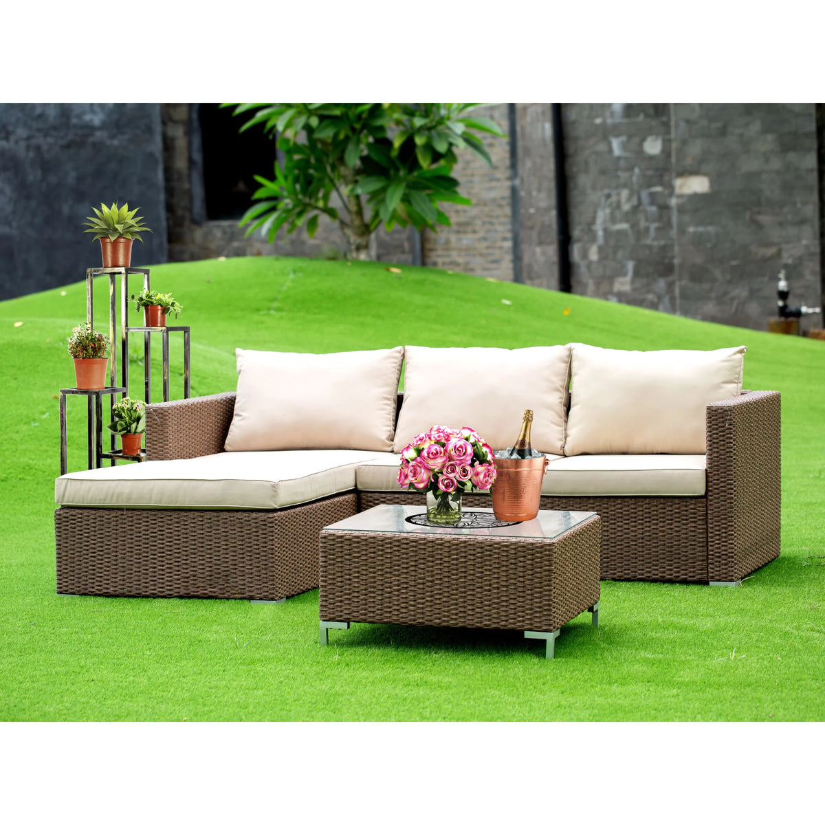 Brown Wicker 3Pc Sectional Sofa Set with Patio Table E20100