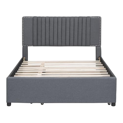 Beige Linen Upholstered Platform Bed Frame with Twin XL Trundle and 2 Drawers T7522
