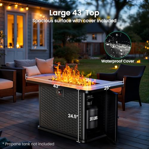 43-Inch Rectangular Propane Fire Pit Table with 60,000 BTU, Glass Stones, and Wind Guard, Black D58358