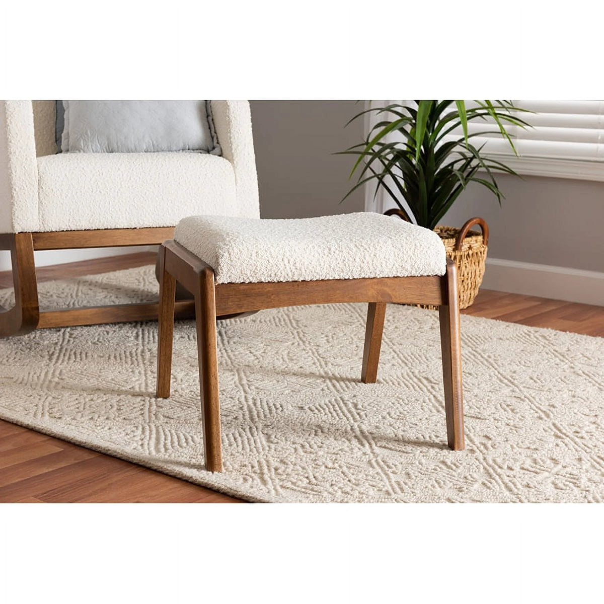 Off-White Boucle Upholstered Walnut Brown Wood Ottoman Footstool T38987