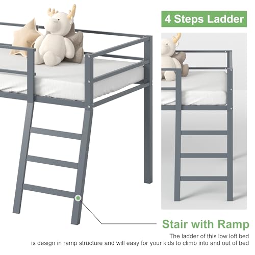 Grey Twin Loft Bed with Ladder and Guardrail D7886