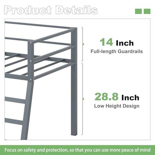 Grey Twin Loft Bed with Ladder and Guardrail D7886