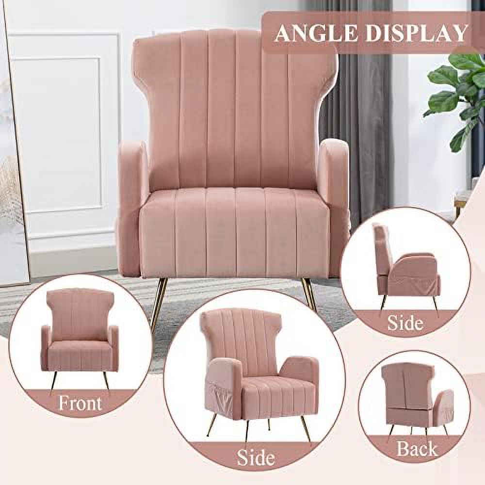 Brown Velvet Wing Back Accent Chair with Metal Gold Legs F7728