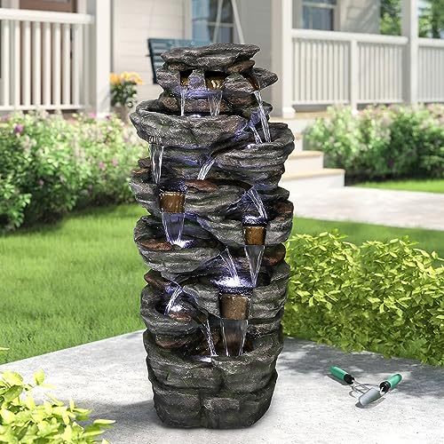 Large Outdoor Water Fountain, 47 1/5” H 9-tier with LED Light, Resin O682601