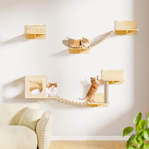 16 Pcs Pine Wooden Cat Wall Shelves with House Y3305