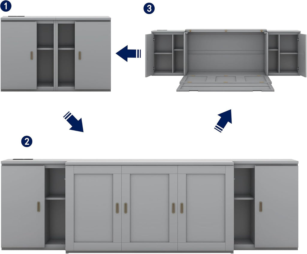 Queen Size Murphy Bed with Shelves, Cabinets and USB Ports, Gray S439958