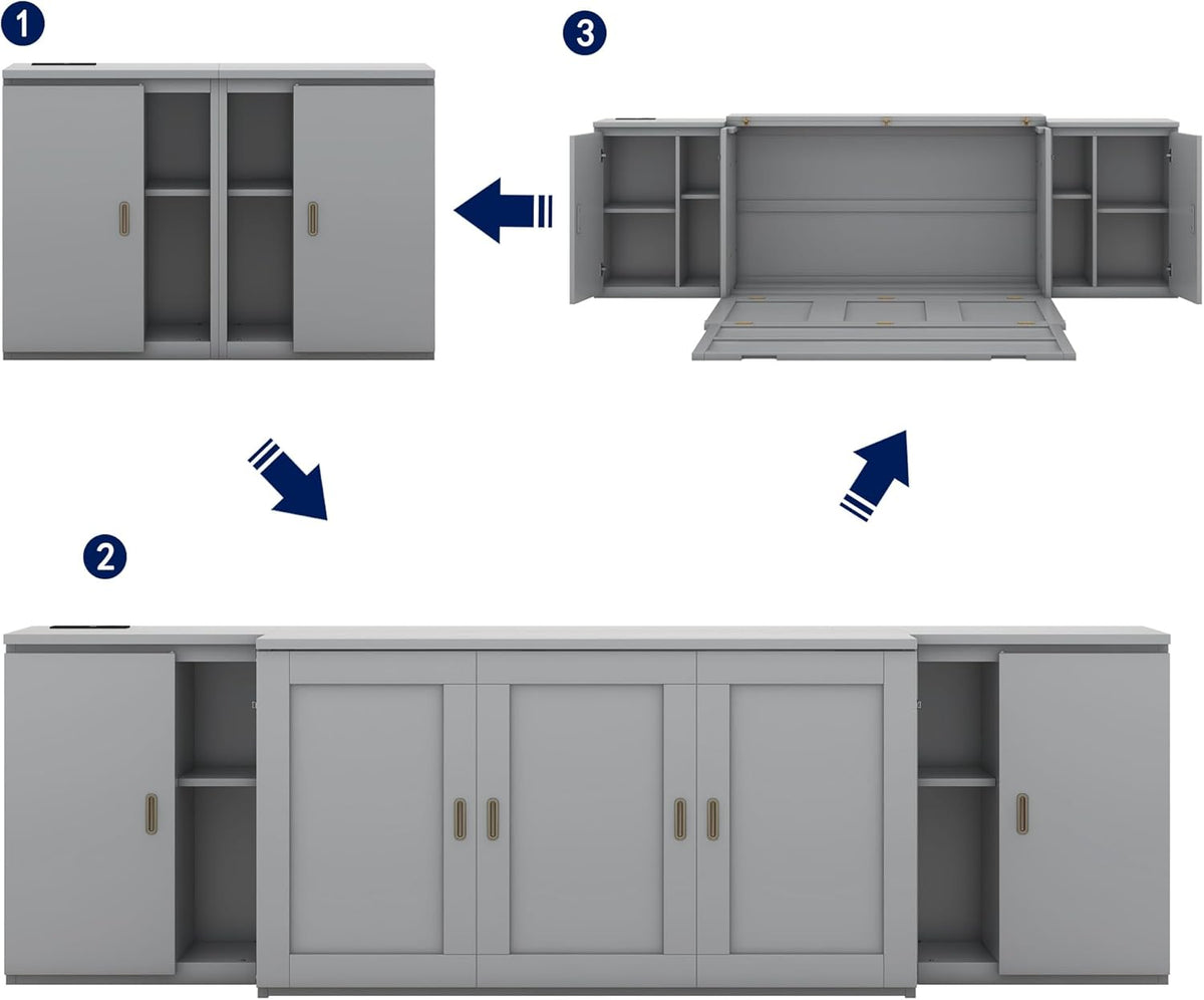 Queen Size Murphy Bed with Shelves, Cabinets and USB Ports, Gray S439958