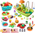 Play Sink with Running Water Electric Faucet Kitchen Sink Toys Pots and Pans Set with Play Food and Storage Basket N89223