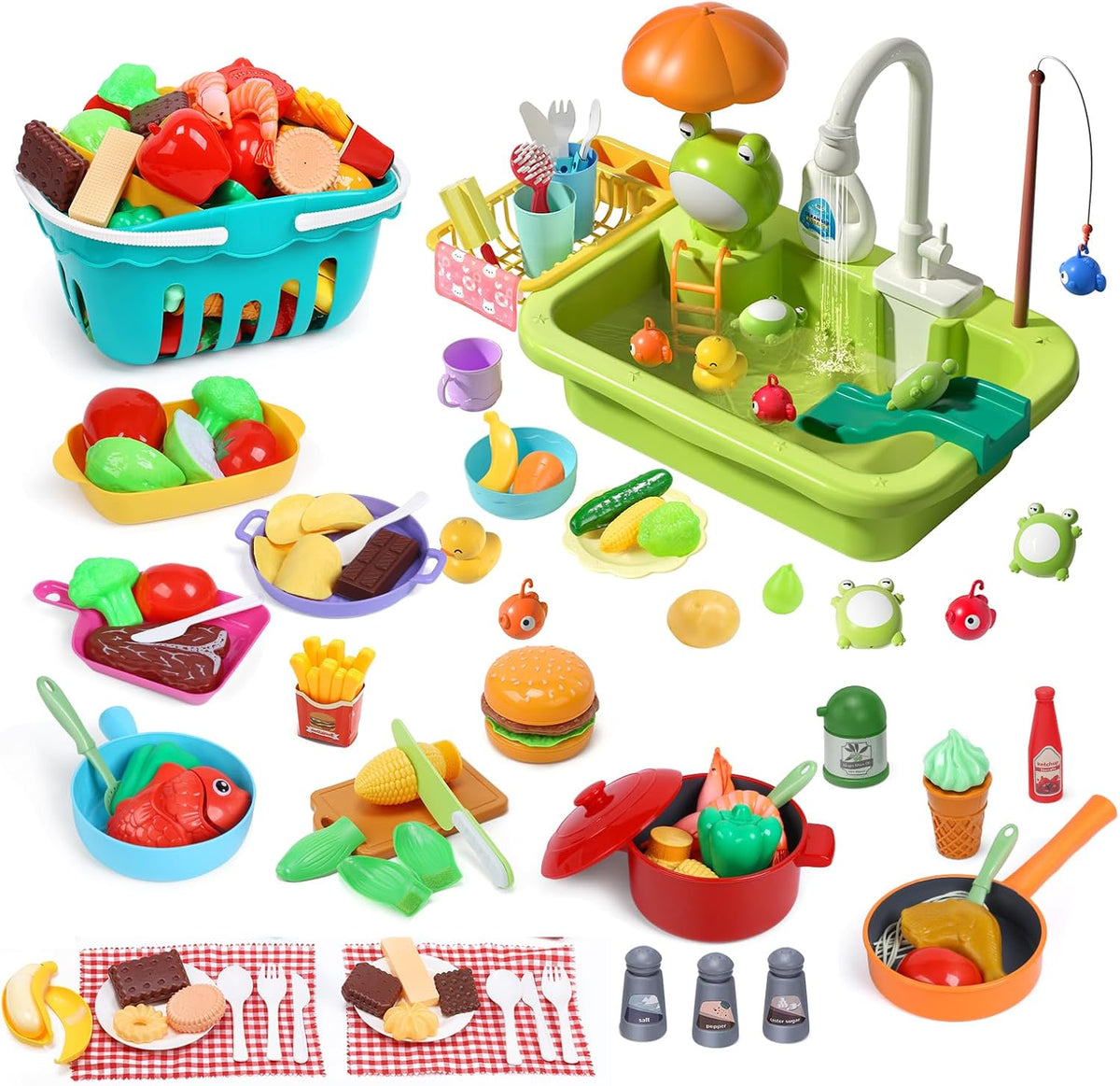 Play Sink with Running Water Electric Faucet Kitchen Sink Toys Pots and Pans Set with Play Food and Storage Basket N89223