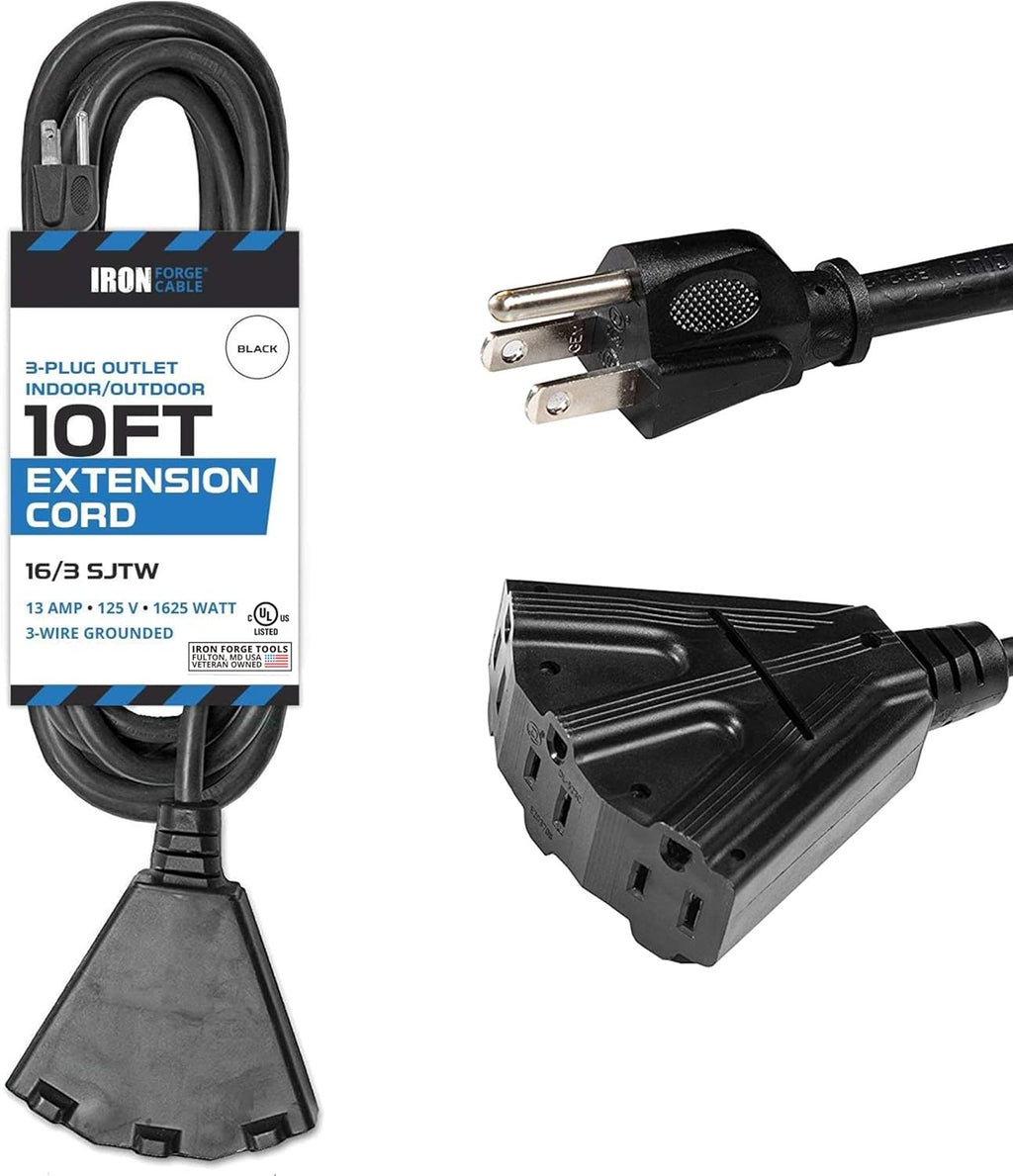 2 Pack 50 Ft Black Extension Cords with 3 Outlets U900033