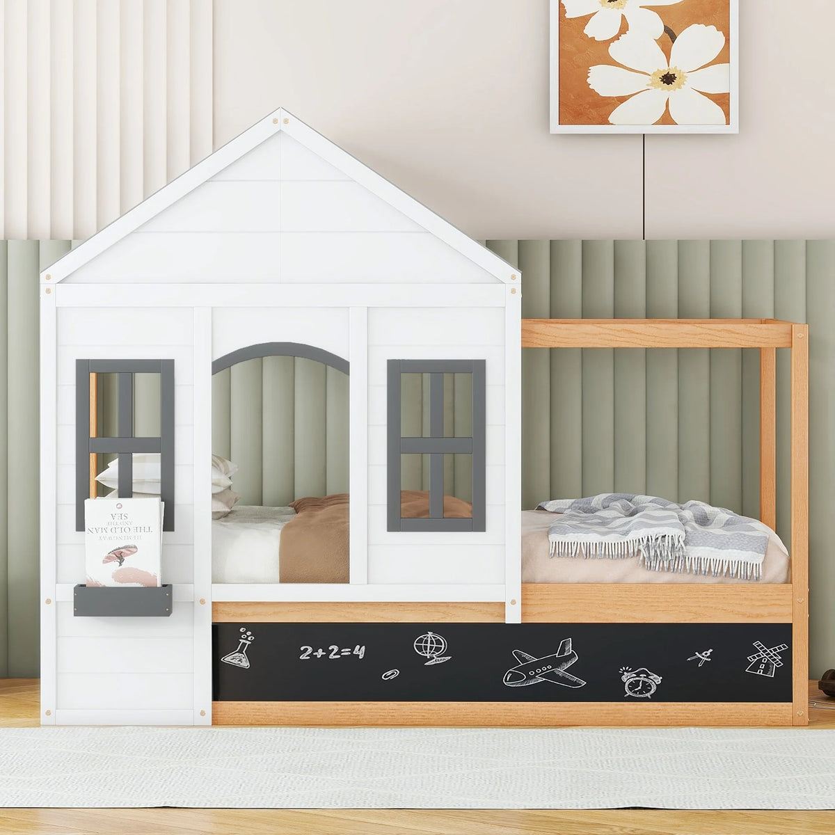 Twin Size House Shaped Canopy Bed with Black Roof & White Window C952088