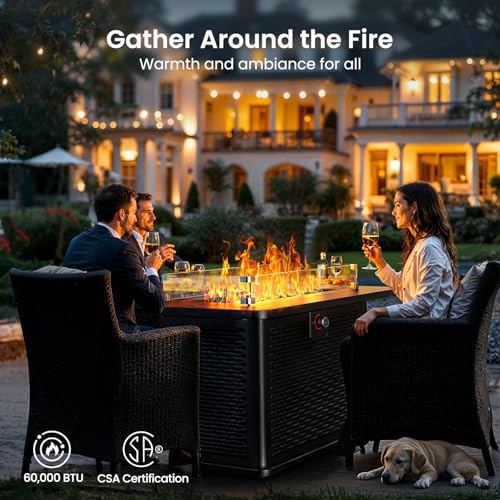 43-Inch Rectangular Propane Fire Pit Table with 60,000 BTU, Glass Stones, and Wind Guard, Black D58358