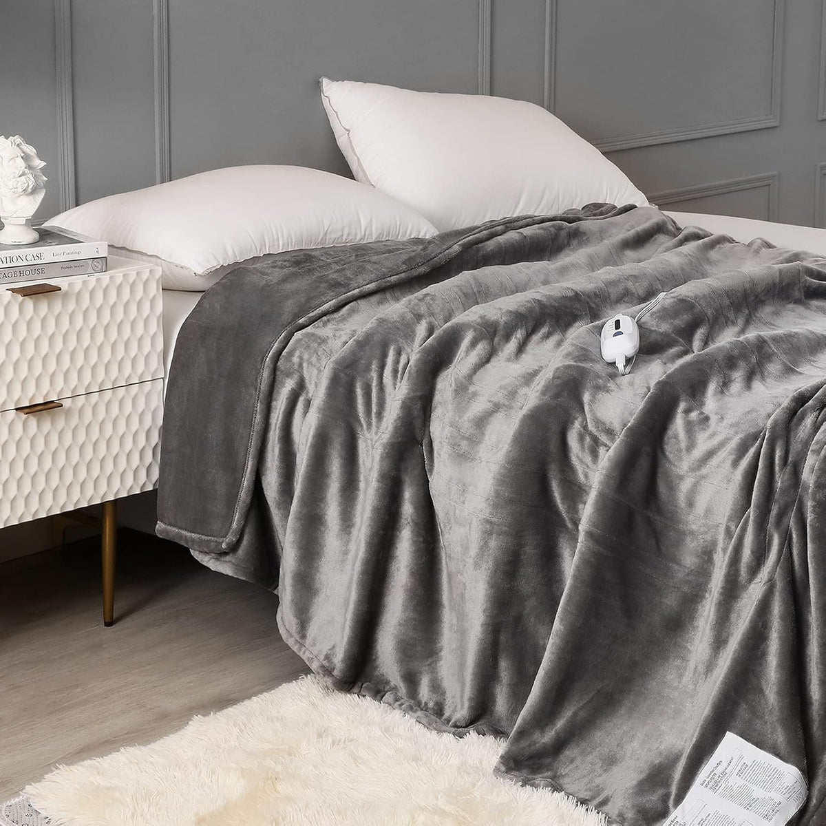 Grey Heated Blanket Twin Size with 4 Heat Level & 10 Hours Auto-Off Q1597