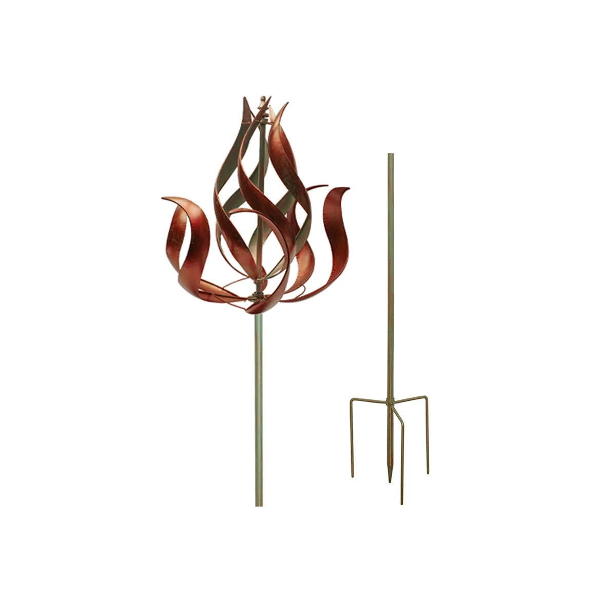 Metal Fire Flame Wind Spinner Kinetic Windmill Sculpture Garden Stake Patio Decor 3D Yard Art O522339