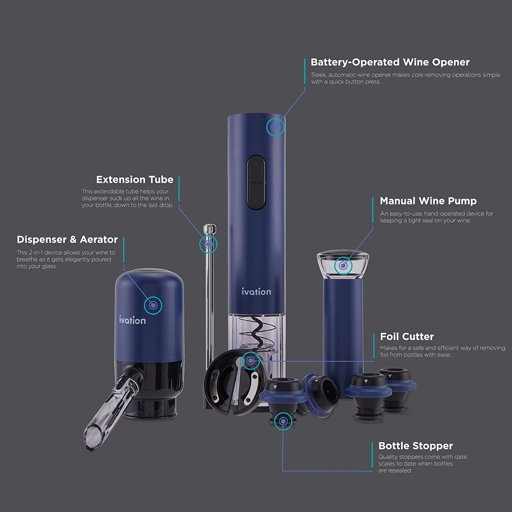 Wine Accessory Kit with Electric Bottle Opener, Aerator Dispenser, Preserver Pump, Cork Stoppers & Foil Cutter T826961