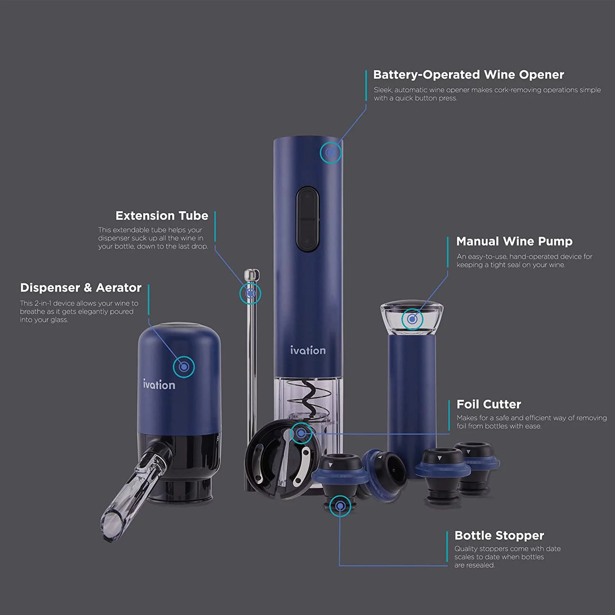 Wine Accessory Kit with Electric Bottle Opener, Aerator Dispenser, Preserver Pump, Cork Stoppers & Foil Cutter T826961