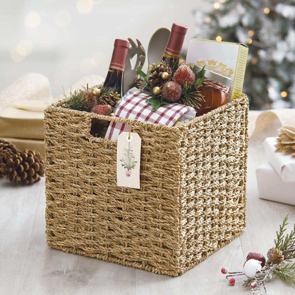 Seagrass Woven Cube Basket Organizer with Handles - 4 Pack - Natural/Tan E888748