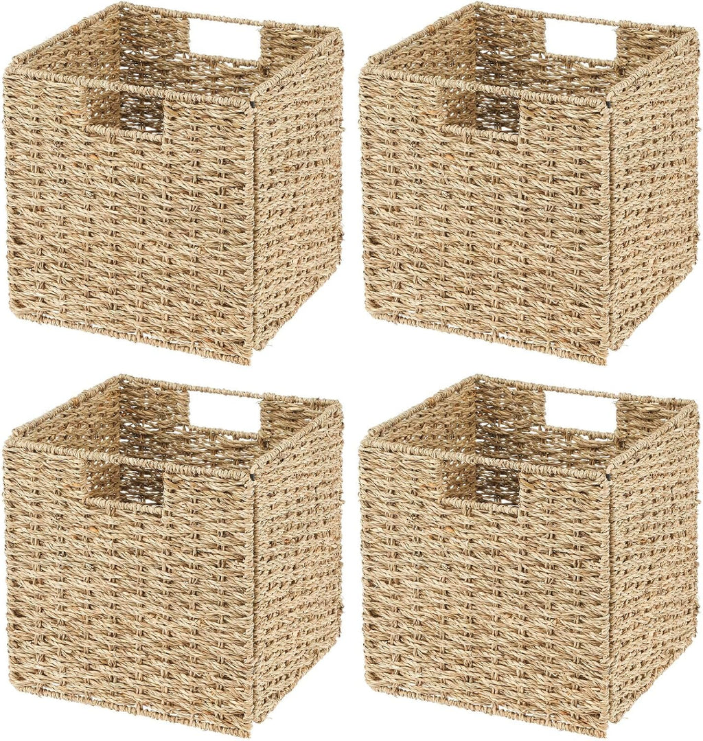 Seagrass Woven Cube Basket Organizer with Handles - 4 Pack - Natural/Tan E888748