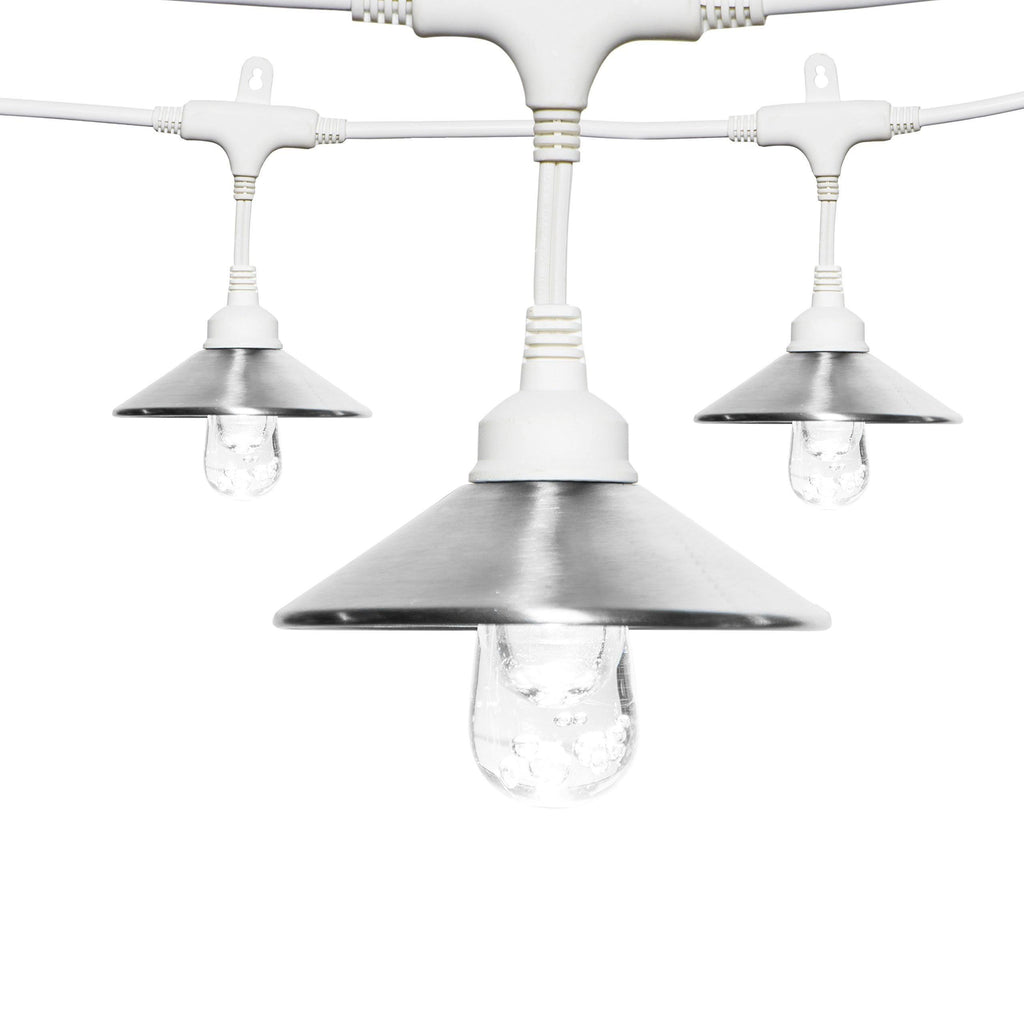 Classic LED Cafe Lights 12 Bulbs 24 ft. White Cord and 12 Stainless Steel Cage Shades A22509