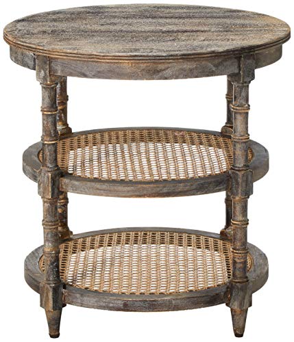 Round Mango Wood Table with 2 Cane Shelves M38891