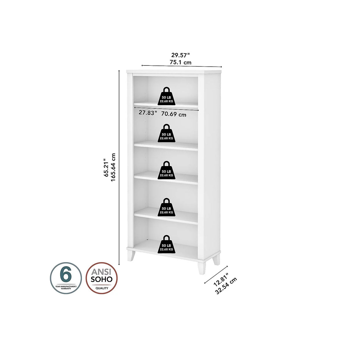 White 5 Shelf Tall Bookcase N78968