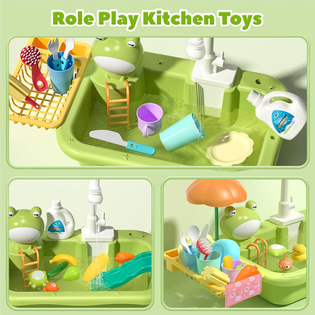 Play Sink with Running Water Electric Faucet Kitchen Sink Toys Pots and Pans Set with Play Food and Storage Basket N89223