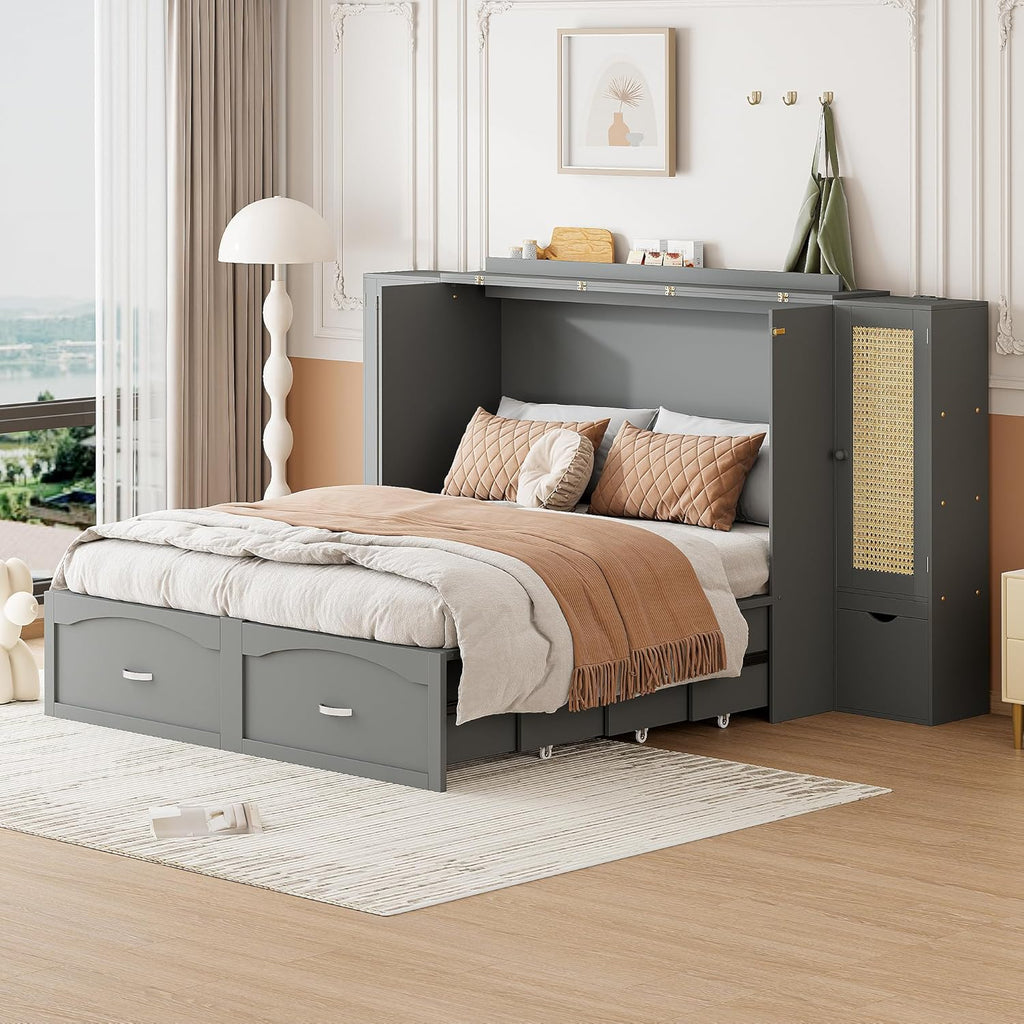 Gray Queen Size Murphy Bed with Storage Drawer and 2 Cabinets U657062